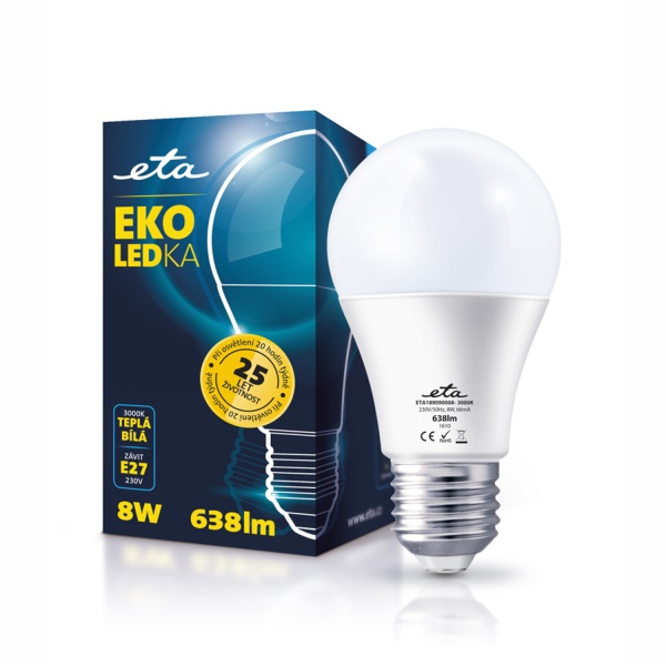 Žárovka LED ETA EKO LEDka klasik, 8W, E27, teplá bílá