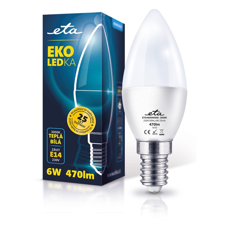 Žárovka LED ETA EKO LEDka svíčka, 6W, E14, teplá bílá