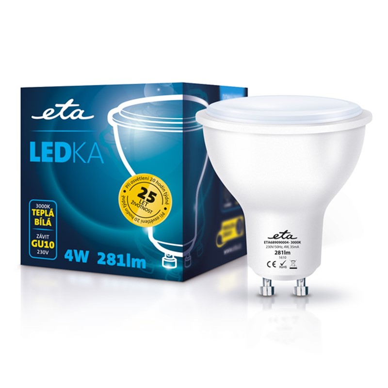 Žárovka LED ETA EKO LEDka bodová, 4W, GU10, teplá bílá
