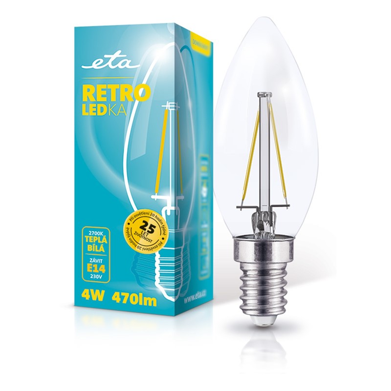 Žárovka LED ETA RETRO LEDka svíčka, 4W, E14, teplá bílá průhledná