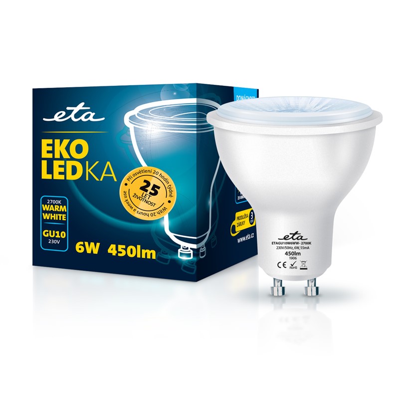 Žárovka LED ETA EKO LEDka bodová 6W, GU10, teplá bílá