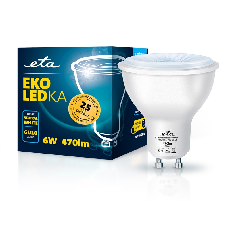 Žárovka LED ETA EKO LEDka bodová 6W, GU10, neutrální bílá