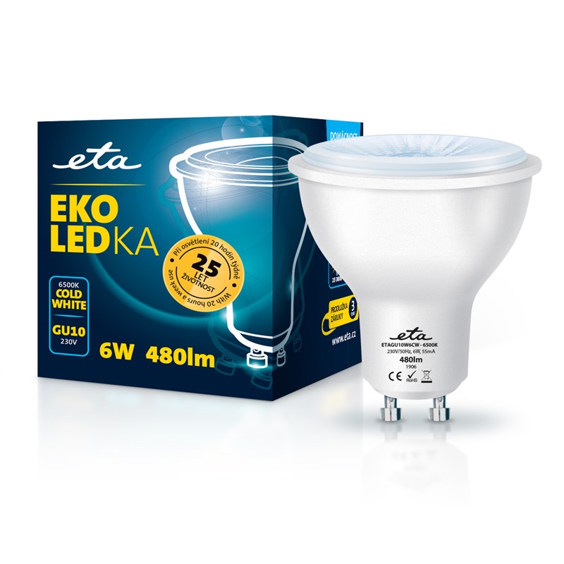 Žárovka LED ETA EKO LEDka bodová 6W, GU10, studená bílá