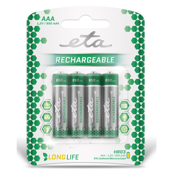 Baterie nabíjecí ETA AAA, HR03, 950mAh, Ni-MH, blistr 4ks - obrázek č. 1