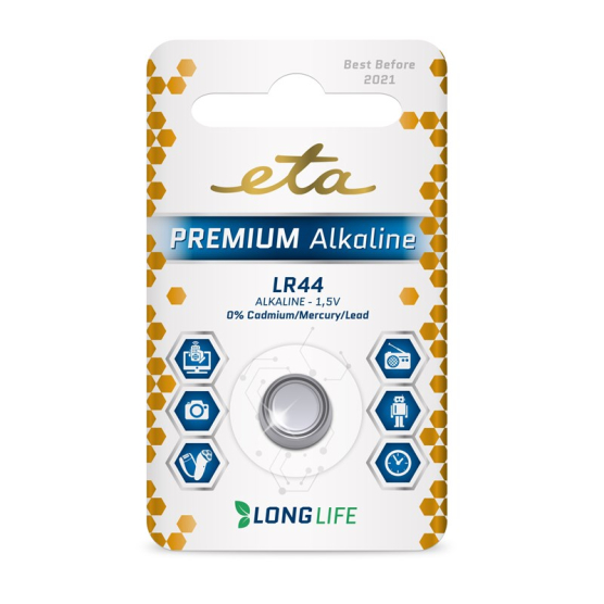 Baterie alkalická ETA PREMIUM ALKALINE LR44, blistr 1ks - obrázek č. 1