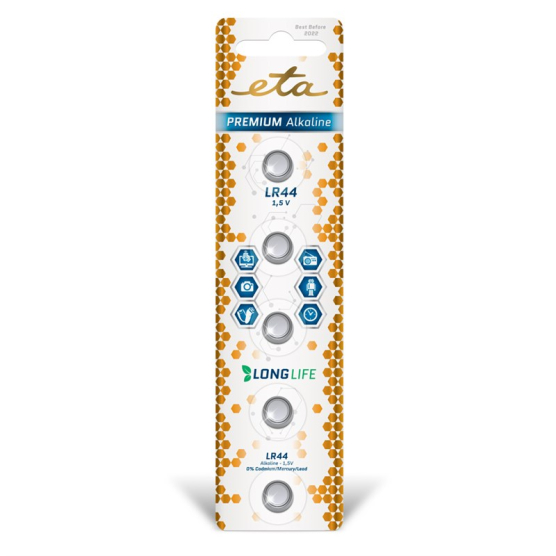 Baterie alkalická ETA PREMIUM ALKALINE LR44, blistr 5ks - obrázek č. 1