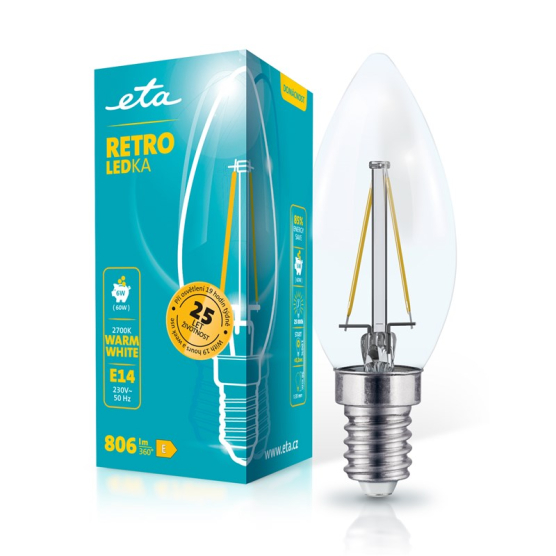 Žárovka LED ETA RETRO LEDka svíčka filament 6W, E14, teplá bílá - obrázek č. 1