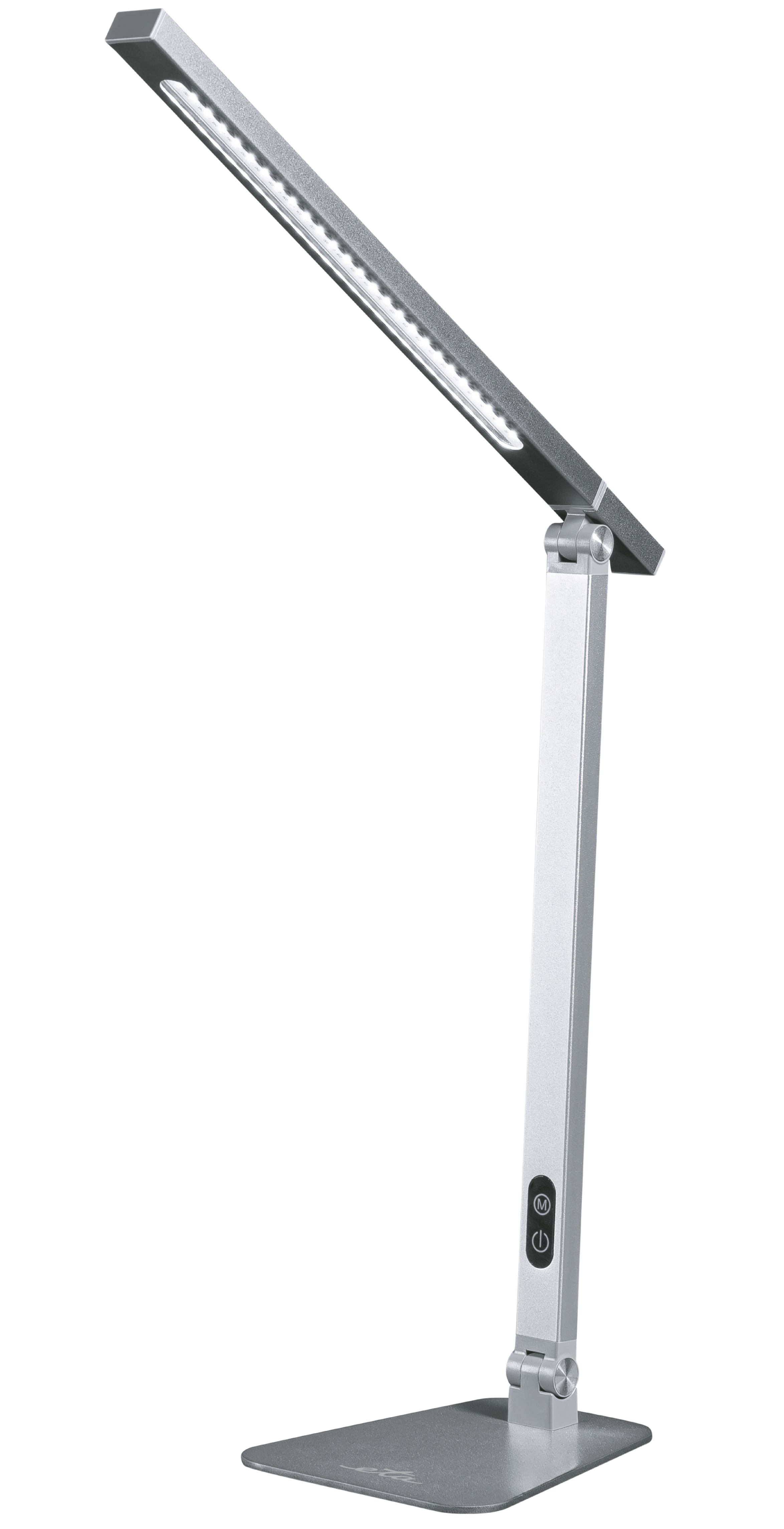 Stříbrná moderní stolní LED lampička ETA s obdélníkovou základnou, sklopným ramínkem a dotykovým ovládáním na těle lampy.