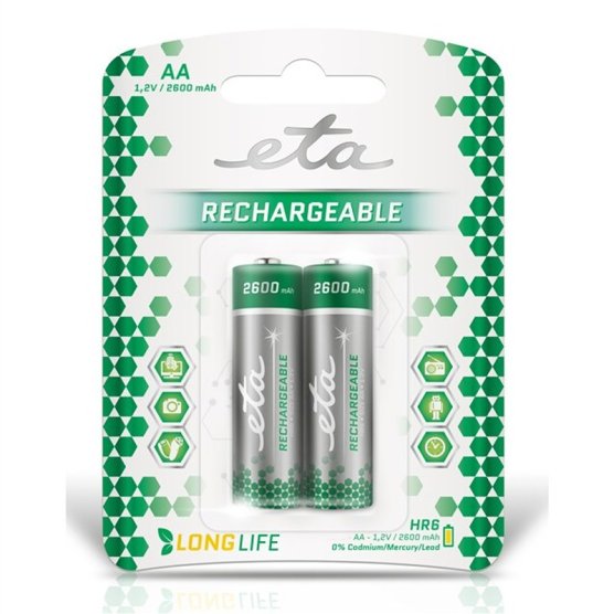 Baterie nabíjecí ETA AA, HR06, 2600mAh, Ni-MH, blistr 2ks - vedlejší obrázek č. 1