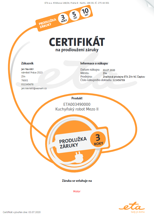 Certifikát Prodlužka záruky