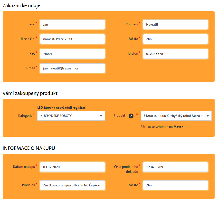 Formulář pro registraci prodloužené záruky