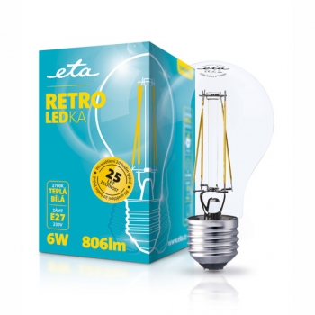 Žárovka LED ETA RETRO LEDka klasik, 6W, E27, teplá bílá
