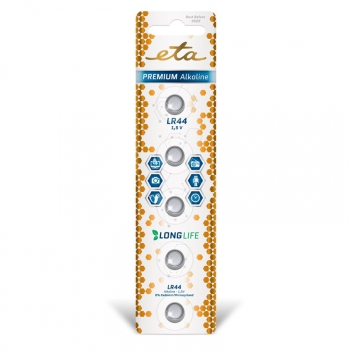 Baterie alkalická ETA PREMIUM ALKALINE LR44, blistr 5ks
