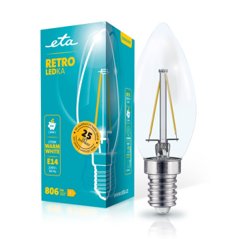 Žárovka LED ETA RETRO LEDka svíčka filament 6W, E27, teplá bílá