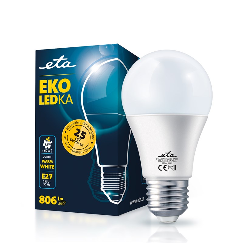 Žárovka LED ETA EKO LEDka klasik 8,5W, E27, teplá bílá