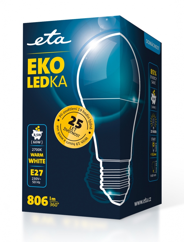 Žárovka LED ETA EKO LEDka klasik 8,5W, E27, teplá bílá